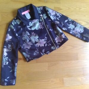 Kids Navy Purple Floral Cropped Zip-up Moto Style Blazer Jacket Size 6